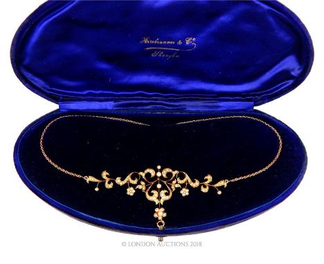 A fine, mid-Victorian, 18 ct yellow gold and seed pearl studded necklace, composed of a floral garland framework picked-out i