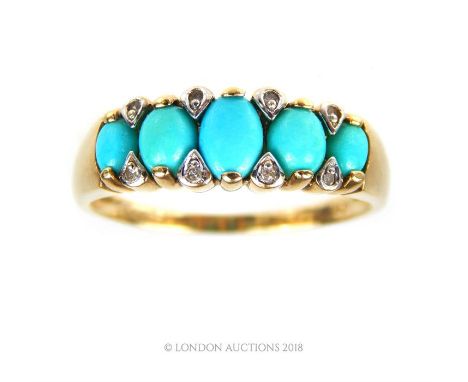 A 9 ct yellow gold, diamond and turquoise five-stone ring, composed of five, graduated turquoise cabochons studded with eight