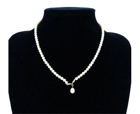 An elegant, cultured pearl drop necklace strung with ninety pearls with a 9 ct yellow gold pendant fitting suspended by a lar