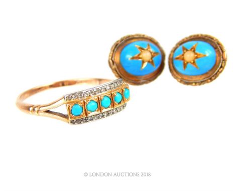 A 9 ct yellow gold, 19th century, turquoise ring studded with five turquoise cabochons and flanked either-side by a row of sm