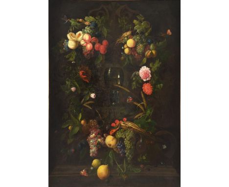 
	
		AFTER JAN DAVIDSZ. DE HEEM
		A ROEMER WITH A GARLAND OF FLOWERS AND FRUIT ON A LEDGE
		Oil on canvas
		Indistinctly sign