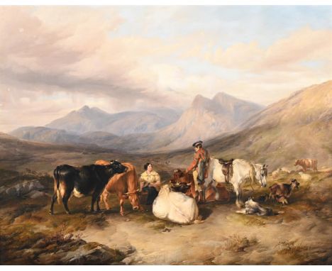 THOMAS SIDNEY COOPER (BRITISH 1803 - 1902)HIGHLAND LANDSCAPE WITH FIGURES AND ANIMALSOil on canvasSigned and dated '1841' (lo