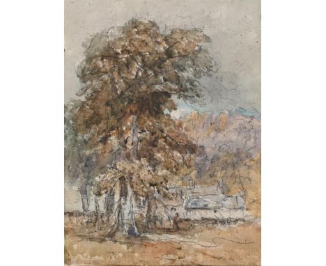 DAVID COX SENIOR (BRITISH 1783-1859)COTTAGES IN WOODLAND, POSSIBLY NEAR BETTWS-Y-COED, NORTH WALESBlack chalk and watercolour