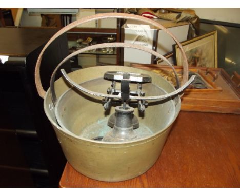 2 heavy brass jam pans together with scales and weights