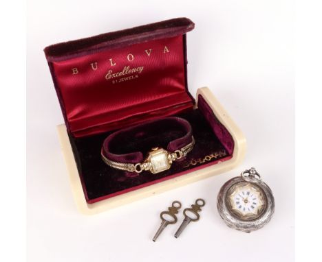 Bulova; a gold plated manual wind lady's wristwatch, circa 1930, on a double Brazil-link bracelet, in a Bakelite and velvet c