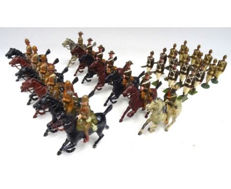Britains Boer War five 6th Dragoons (Condition Fair, not matching, one head loose, some dents), with a repainted solid castin