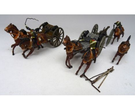 Britains from set 39, Royal Horse Artillery FIRST VERSION, two shafted limbers, one gun and six horse team (Condition Fair, b