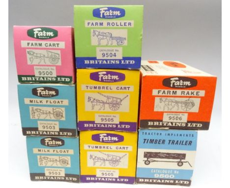 Britains late series Horsedrawn Carts and Implements with plastic horses in original boxes, 9500 Farm Cart, 9503 Milk Float w