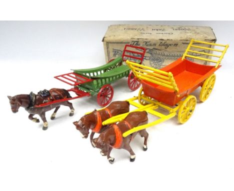 Charbens and Crescent diecast four-wheel Farm Wagons with hayrakes and horses, with Charbens original box (Condition Charbens