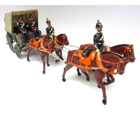 Britains set 145, Royal Army Medical Corps four-horse Ambulance Wagon FIRST VERSION, collar harness with two seated men (Cond
