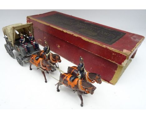 Britains set 145, Royal Army Medical Corps four-horse Ambulance Wagon FIRST VERSION, collar harness, with two seated men in o