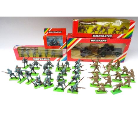 Britains WWII Detail British and Germans with Vehicles sets 9788, 7347 and 7386, and 9679 German Army Motor Cycle in original