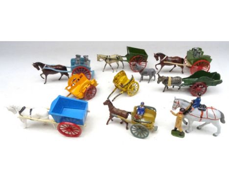 Small Carts Britains, two 45F Milk Floats, with six churns (no lids) and two 40F small Farm Carts (one with box and plastic h