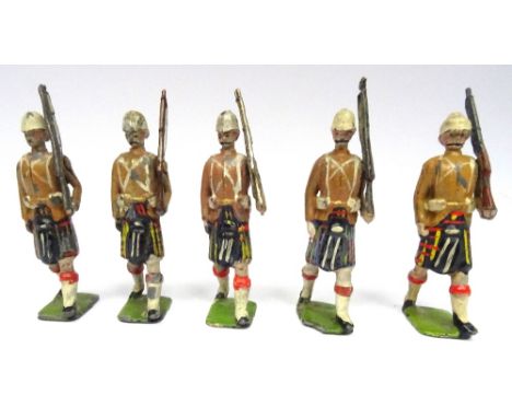Britains from set 114, Cameron Highlanders RARE FIRST VERSION, smooth foreign service helmets, box packs, dated 20.1.1901, an