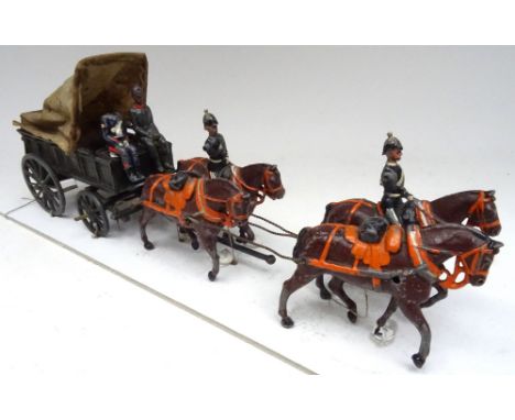 Britains set 145, Royal Army Medical Corps four-horse Ambulance Wagon fumed metal finish with two seated men (Condition Fair,