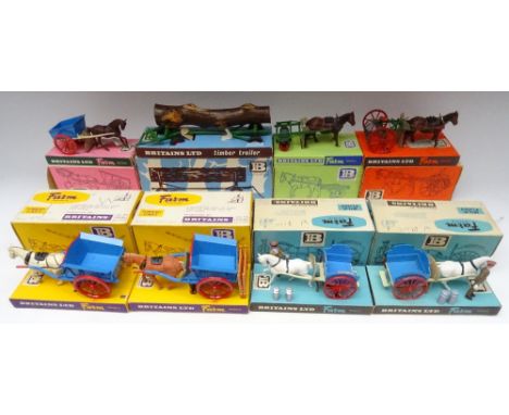 Britains late series Horsedrawn Carts and Implements with plastic horses in original boxes, 9500 Farm Cart, 9503 Milk Float w