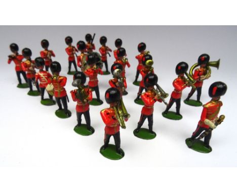 Britains set 37, Band of the Coldstream Guards FIRST VERSION, slotted arms, with bombardon and Bass Drummer dated 1908 (Condi