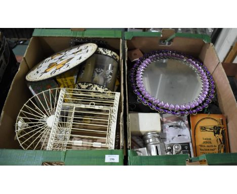Two Boxes of Sundries to Include Wall Clock, Bird Cage, Mirror, etc 