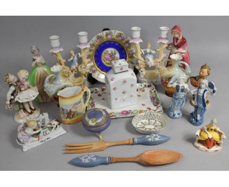 A Collection of Various Continental and Other Ceramics to comprise Figural Candelabra, Goebels Figures, Fairing 'Tug Of War',