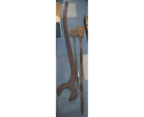 Three Cast Metal Tooling Items to include Large Spanner Type Item Etc 