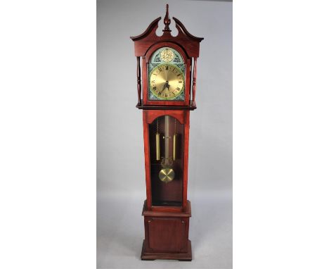 A Modern Reproduction Mahogany Stained Long Case Clock with Battery Movement 