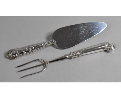 A Silver Pistol Grip Handled Trident Fork, Sheffield Hallmark together with a Silver Kings Pattern Handled Cake Slice 