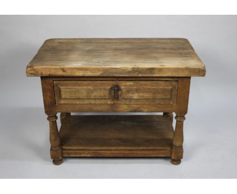 A Wooden Stand/Small Table with Single Drawer, Stretcher Shelf, Turned Supports, 78cms Wide 