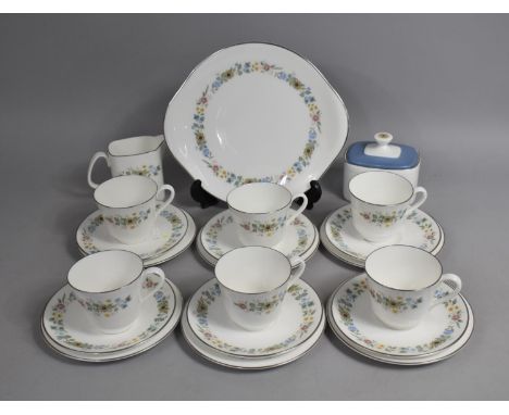 A Royal Doulton Pastorale Pattern Tea Set to comprise  Six Cups, Saucers, Side Plates, Cake Plates, Milk Jug and a Lidded Sug