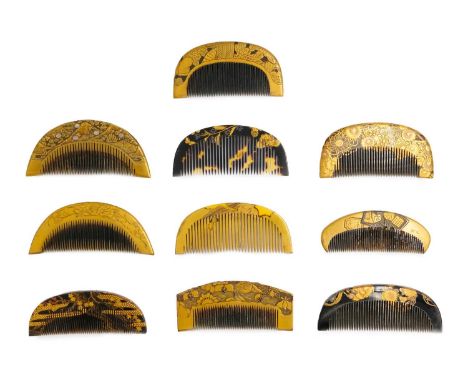 A Japanese gold lacquer decorated comb, Meiji period. Decorated with chrysanthemums, 4 x 8.5cm and nine other Japanese gold l