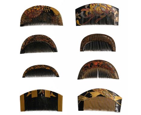 A Japanese black, red and gold lacquered comb, Meiji period. Decorated with mandarin ducks, approx 4.5 x 10cm and seven other