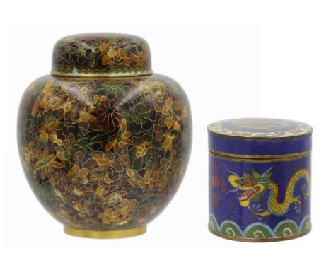 A Chinese cloisonne circular jar and cover, late 19th century. The cover decorated with a single dragon, the body with two dr