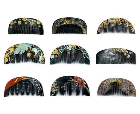 A Japanese black tortoiseshell comb, Meiji period. Signed, decorated with raised gold lacquer takamakie flowers, 4 x 8.7cm; a