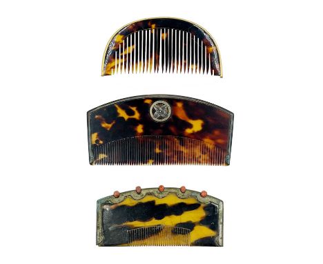 A Japanese tortoiseshell comb, Meiji period. The white metal edge set with five coral stones, 4.5 x 9.7cm; a Japanese tortois