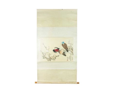 A Chinese painted scroll depicting two birds on a cherry blossom branch, 20th century.  Watercolour and ink, multiple red sea