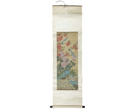 A Chinese painted scroll depicting birds and flowers, late Republic period. full size 203 x 68cm, image size 116 x 42.4cm.