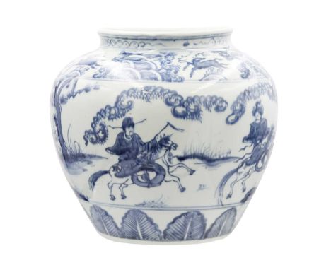 A Chinese blue and white porcelain vase, 20th century. Depicting a woodland scene including scholars on horseback and a kneel