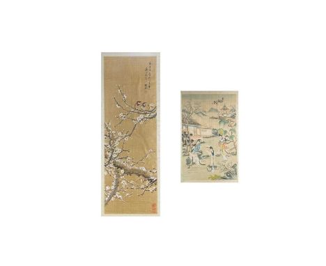 A large Chinese painting on silk, early-mid 20th century. Depicting birds perched on branch, calligraphy and red seal, frame 