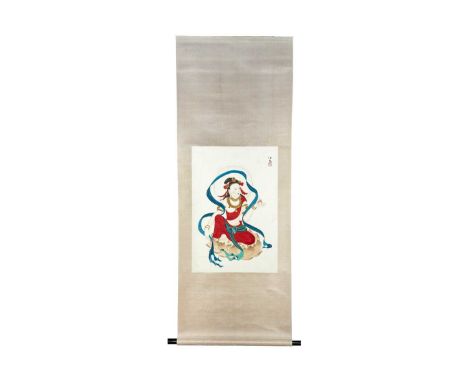 A Chinese painted scroll depicting a Hindu woman, 20th century. Watercolour and ink, red seal mark and calligraphy mark, full