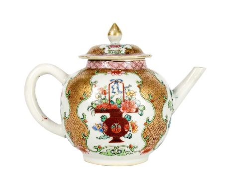 A Chinese porcelain teapot, 18th century. Height 12.5cm, width 16cm.The lid has a rim repair and chip, the repair is 32mm lon