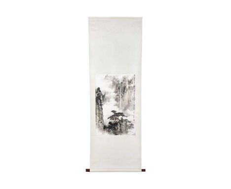 A Chinese scroll depicting a Shanghai mountainous scene , 20th century. Watercolour and ink, includes a red seal mark and cal