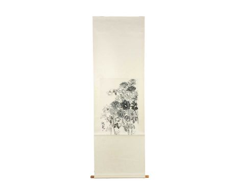 A Chinese scroll depicting roses, 20th century. Watercolour and ink, red seal mark and calligraphy, full length 196cm, width 