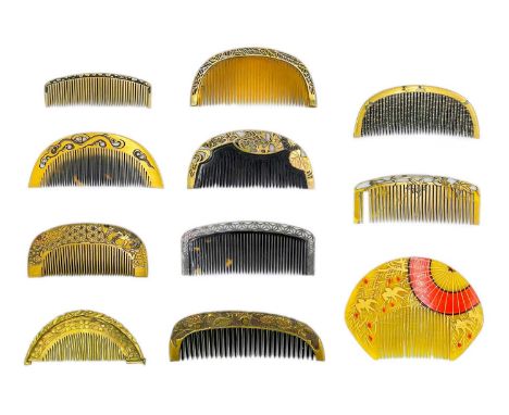 A Japanese carved gold lacquer comb, Meiji period, 4 x 8.5cm. 7 x 9.5cm; a carved and gilded comb, Showa period, 3.5 x 11cm; 