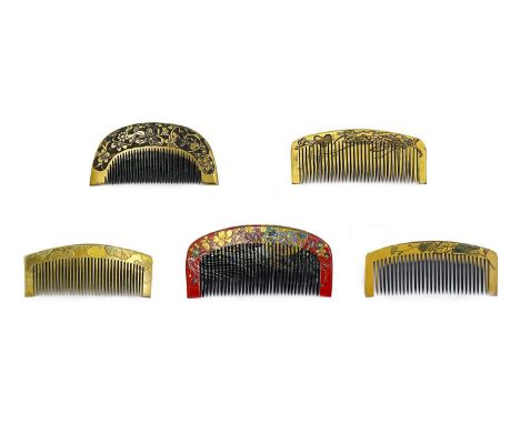 Five Japanese combs, Meiji period. Including a red lacquer comb with gold taka makie leaves and flowers, 5 x 10cm and four go