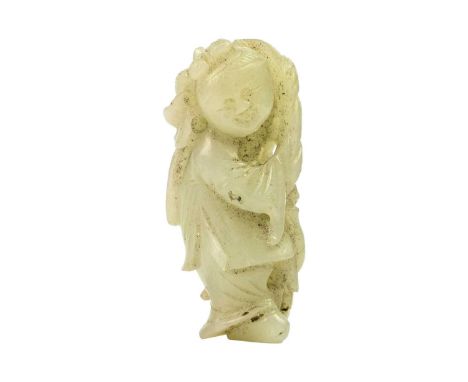 A Chinese carved jade figure of a boy, Qing Dynasty, 19th century, Height 5.2cm, width 2.2cm, depth 2cm.Private collection of