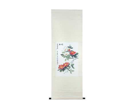 A Chinese painted scroll depicting blossom flowers, 20th century. In watercolour and ink. Includes calligraphy and a red mark