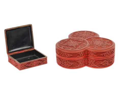 A Chinese cinnabar lacquer rectangular box, early 20th century. Height 4cm, width 10cm, depth 8.5cm and a Chinese cinnabar la