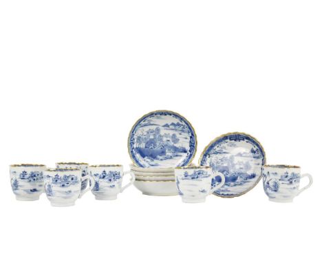 Six Chinese export blue and white porcelain cups and saucers, 18th/19th century.   Each decorated with a river scene, height 