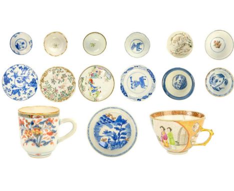 Five Chinese porcelain tea bowls and saucers, 18th century. Three further tea bowls and two Chinese porcelain cups. (15)The V