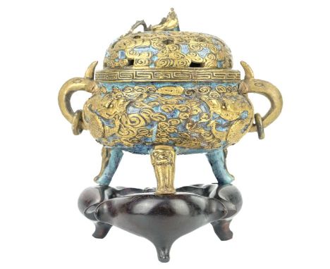 A rare Chinese porcelain censer, Qianlong mark and period. The lustre glaze repousse decorated in gilt with dragons chasing t