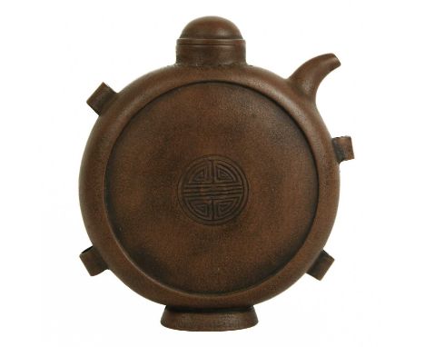 A Chinese Yixing pottery flask, early 20th century. With central shou symbol to each side, seal mark to base, height 18cm, wi